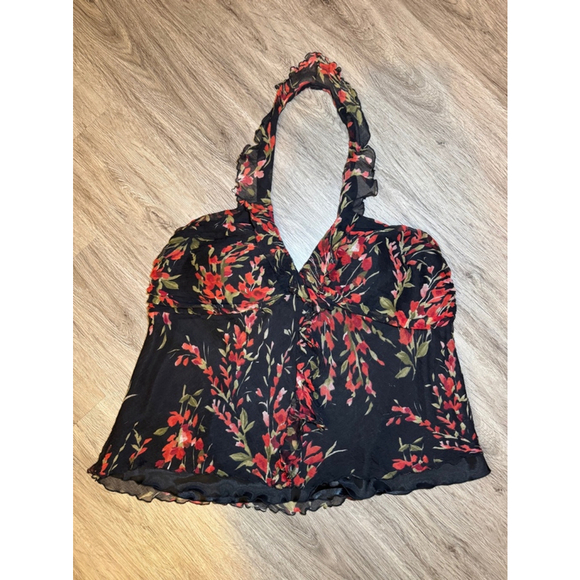 Spense Black Floral Ruffle Halter Top Size 2X-Large - Picture 2 of 5